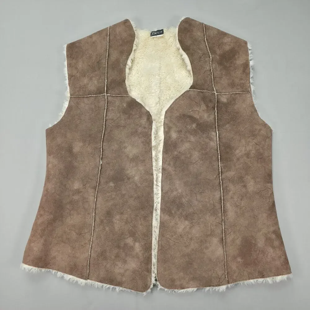 Cejon Womens XL Faux Shearling Vest Brown Faux Suede Open Front Boho Western